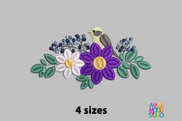 Flowers with Bird Embroidery Design